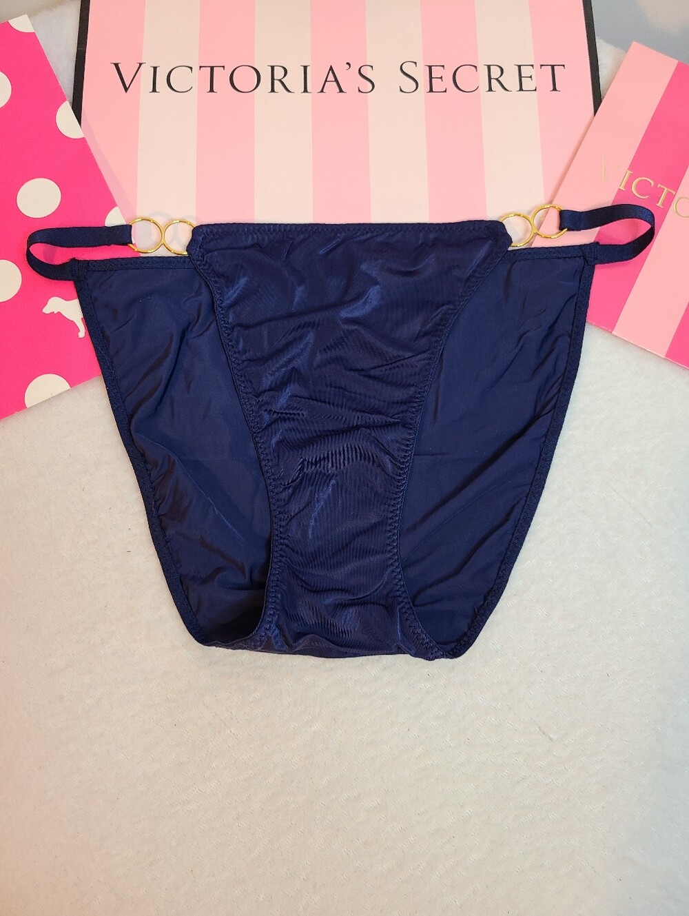 Retired VS Very Sexy Silky Satin O-ring Charm String Bikini Panty Size M Navy